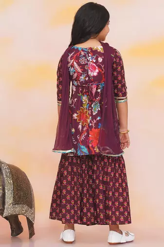 Wine printed cotton naaz kurti sharara set for girls