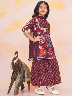 Wine printed cotton naaz kurti sharara set for girls 3