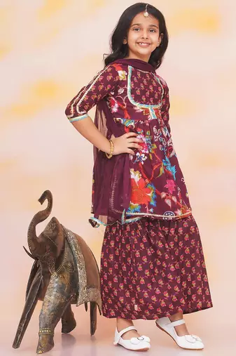 Wine printed cotton naaz kurti sharara set for girls