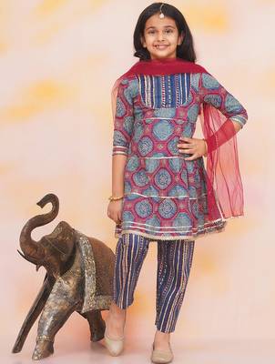 Blue-multi printed cotton kurti with pants and dupatta for girls 1