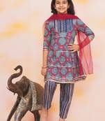 Blue-multi printed cotton kurti with pants and dupatta for girls