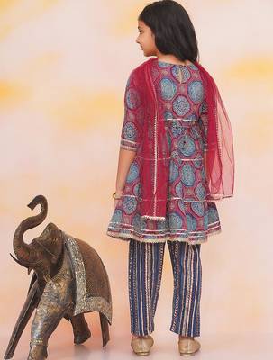 Blue-multi printed cotton kurti with pants and dupatta for girls 2
