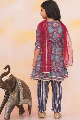 Blue-multi printed cotton kurti with pants and dupatta for girls