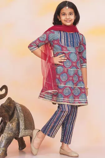 Blue-multi printed cotton kurti with pants and dupatta for girls