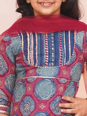Blue-multi printed cotton kurti with pants and dupatta for girls 4