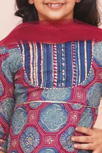 Blue-multi printed cotton kurti with pants and dupatta for girls