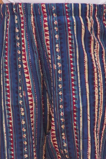 Blue-multi printed cotton kurti with pants and dupatta for girls