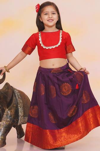 Red plain silk jacquard pattu pavdai for girls