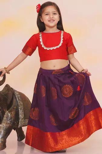 Red plain silk jacquard pattu pavdai for girls
