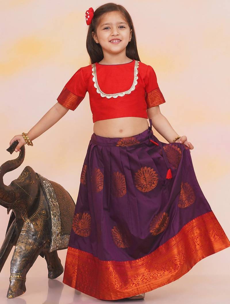 Red plain silk jacquard pattu pavdai for girls