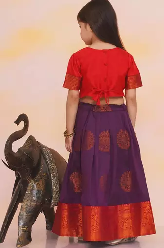 Red plain silk jacquard pattu pavdai for girls