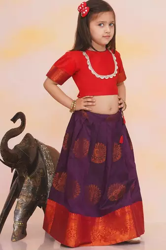 Red plain silk jacquard pattu pavdai for girls