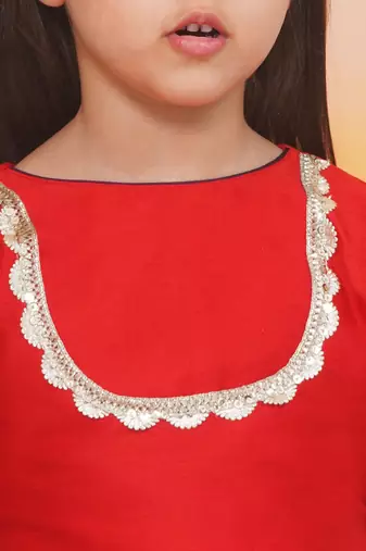 Red plain silk jacquard pattu pavdai for girls