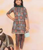 Green-multi printed cotton kurti with pants and dupatta for girls