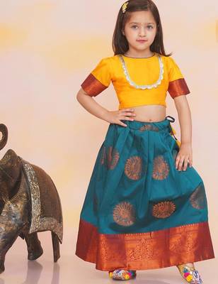 Yellow plain silk jacquard pattu pavdai for girls 1