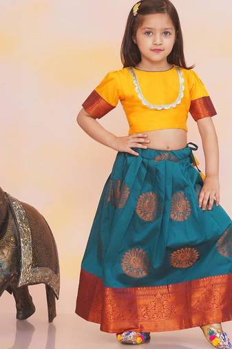 Yellow plain silk jacquard pattu pavdai for girls