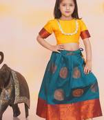 Yellow plain silk jacquard pattu pavdai for girls