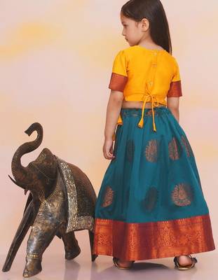Yellow plain silk jacquard pattu pavdai for girls 2
