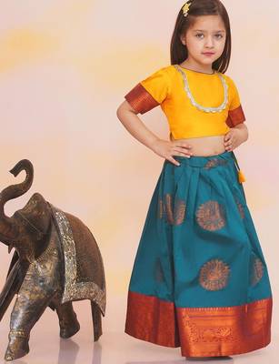 Yellow plain silk jacquard pattu pavdai for girls 3