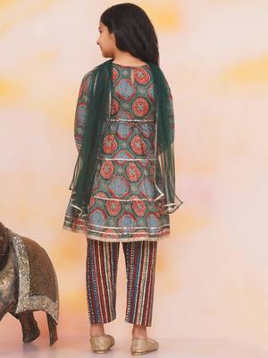Green-multi printed cotton kurti with pants and dupatta for girls 2