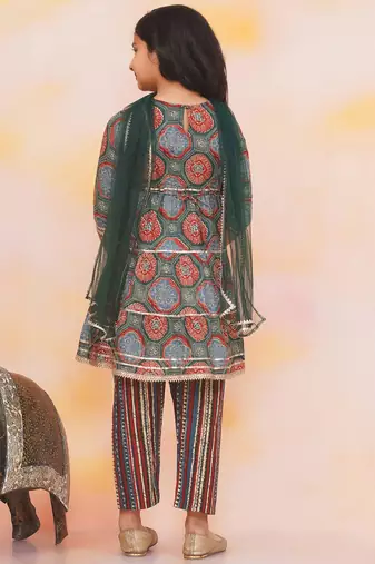 Green-multi printed cotton kurti with pants and dupatta for girls