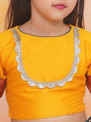Yellow plain silk jacquard pattu pavdai for girls 4