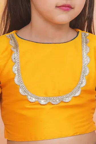 Yellow plain silk jacquard pattu pavdai for girls