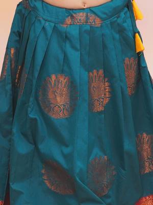 Yellow plain silk jacquard pattu pavdai for girls 5