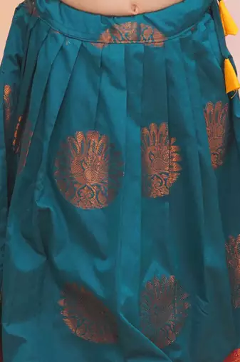 Yellow plain silk jacquard pattu pavdai for girls