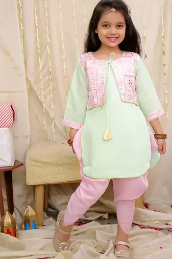 Pink-green embroidered silk kaanchi kurti dhoti set for girls