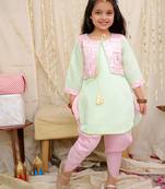 Pink-green embroidered silk kaanchi kurti dhoti set for girls