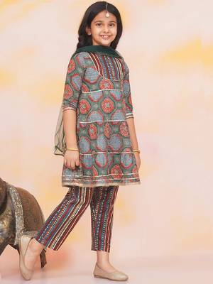 Green-multi printed cotton kurti with pants and dupatta for girls 3