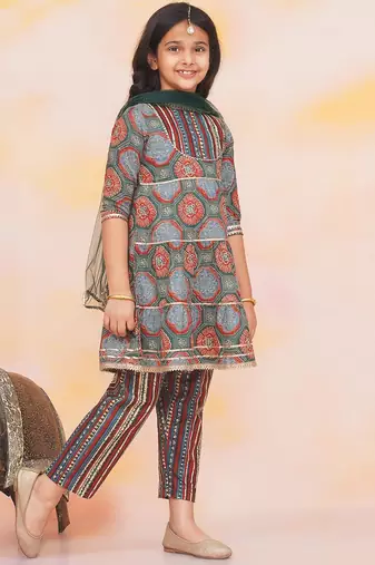 Green-multi printed cotton kurti with pants and dupatta for girls