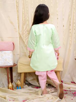 Pink-green embroidered silk kaanchi kurti dhoti set for girls 2