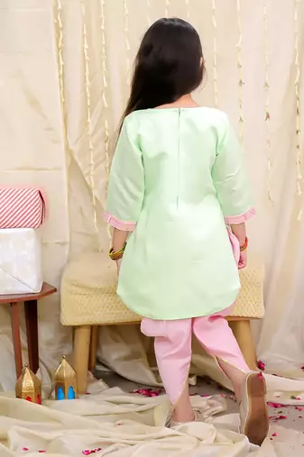 Pink-green embroidered silk kaanchi kurti dhoti set for girls
