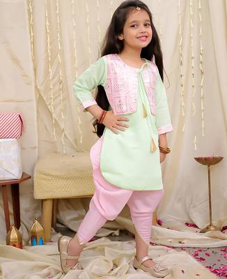 Pink-green embroidered silk kaanchi kurti dhoti set for girls 3