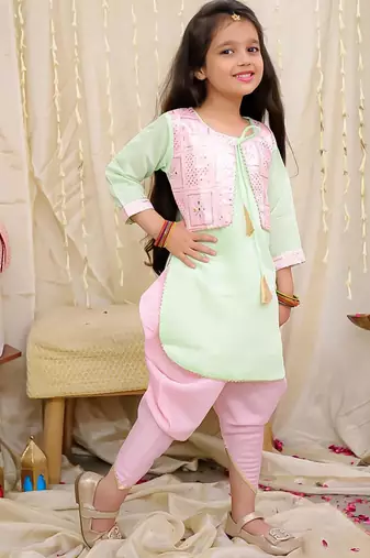 Pink-green embroidered silk kaanchi kurti dhoti set for girls