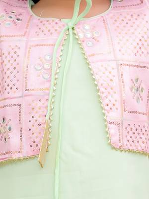 Pink-green embroidered silk kaanchi kurti dhoti set for girls 4