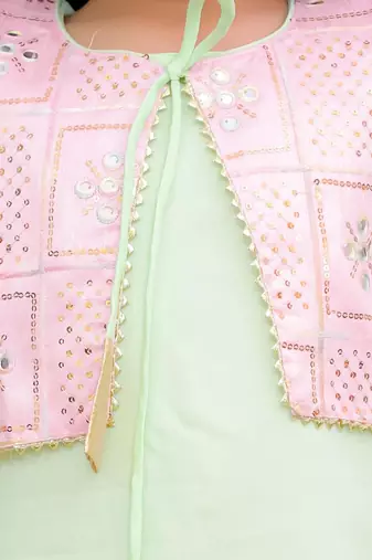 Pink-green embroidered silk kaanchi kurti dhoti set for girls