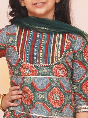 Green-multi printed cotton kurti with pants and dupatta for girls 4