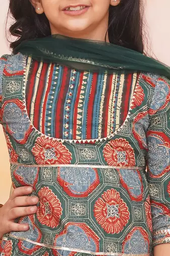 Green-multi printed cotton kurti with pants and dupatta for girls