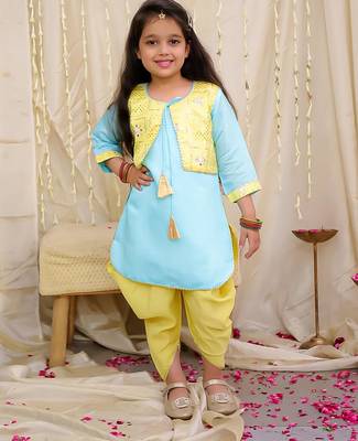 Yellow-blue embroidered silk kaanchi kurti dhoti set for girls 1