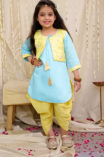 Yellow-blue embroidered silk kaanchi kurti dhoti set for girls