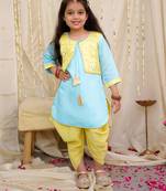 Yellow-blue embroidered silk kaanchi kurti dhoti set for girls