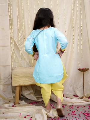 Yellow-blue embroidered silk kaanchi kurti dhoti set for girls 2