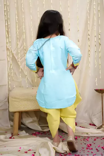Yellow-blue embroidered silk kaanchi kurti dhoti set for girls