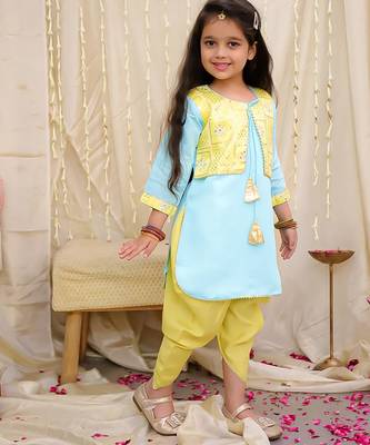 Yellow-blue embroidered silk kaanchi kurti dhoti set for girls 3