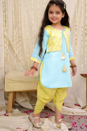 Yellow-blue embroidered silk kaanchi kurti dhoti set for girls