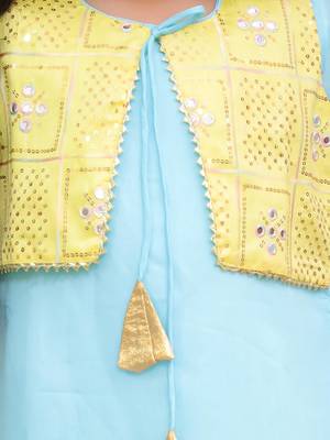 Yellow-blue embroidered silk kaanchi kurti dhoti set for girls 4
