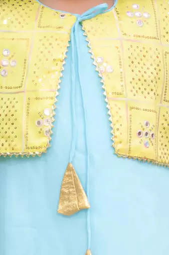 Yellow-blue embroidered silk kaanchi kurti dhoti set for girls